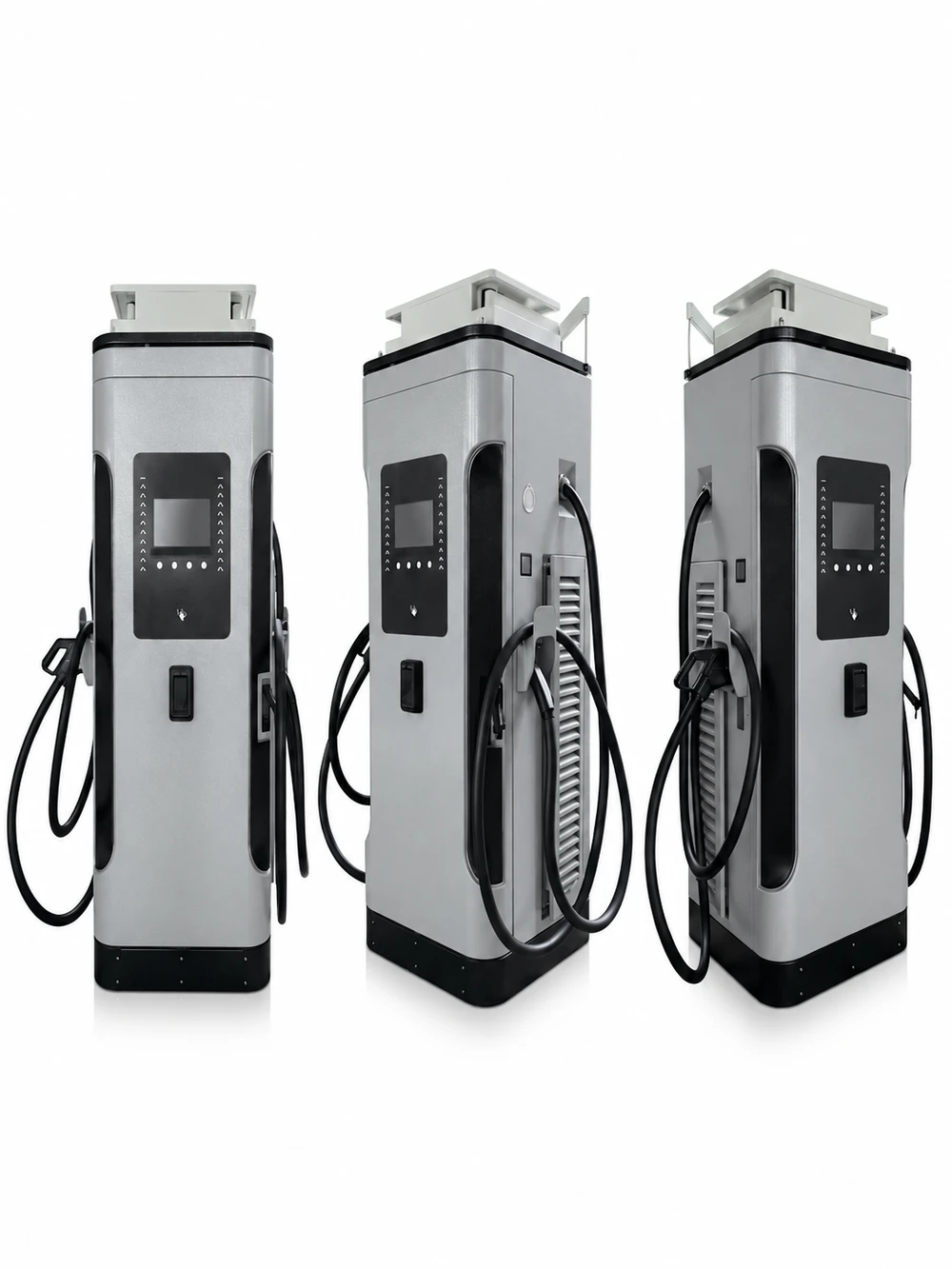 Silver-grey DC charging equipment shown from three angles, with screens, connectors and cables