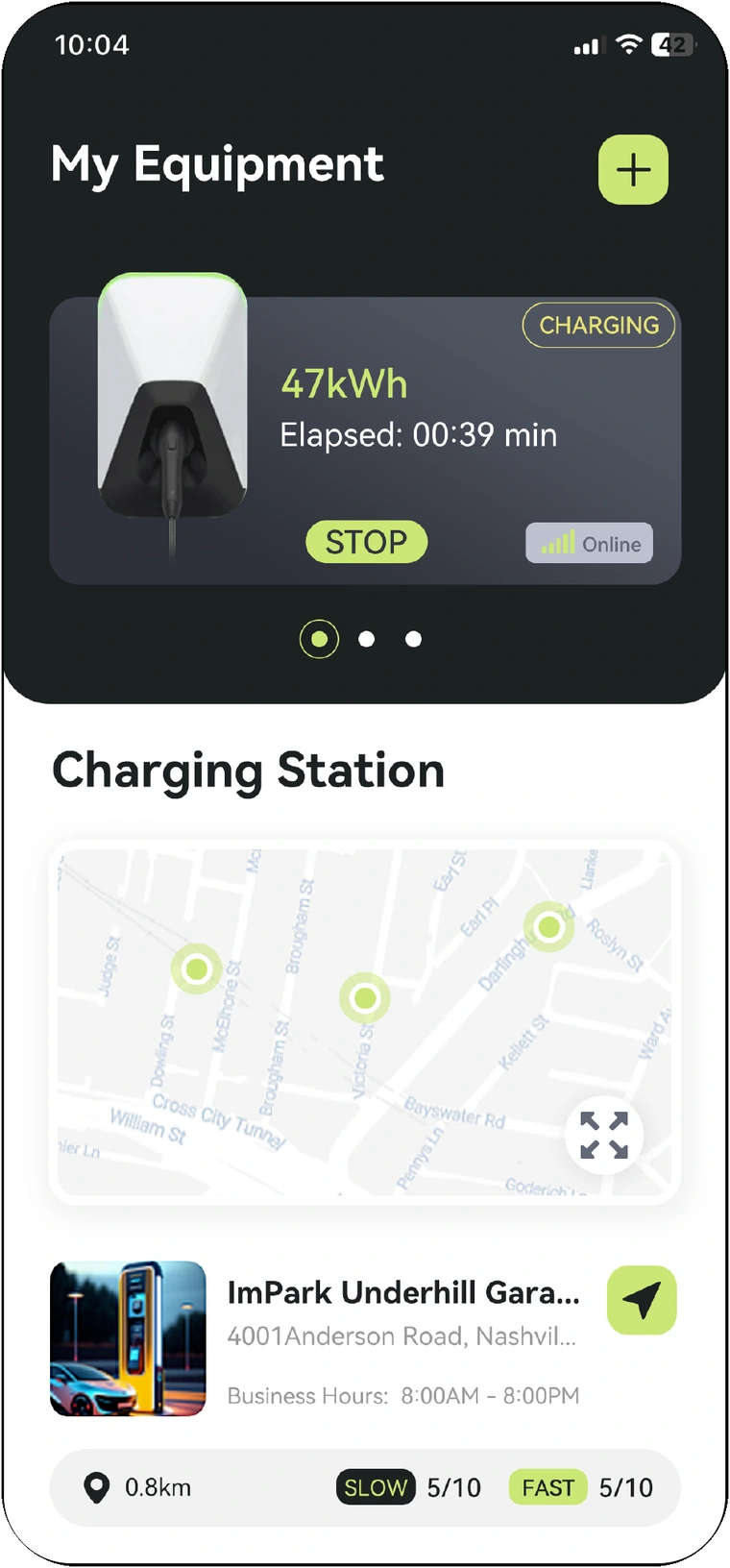 Private charger interface showing charging status, elapsed time and charging station information