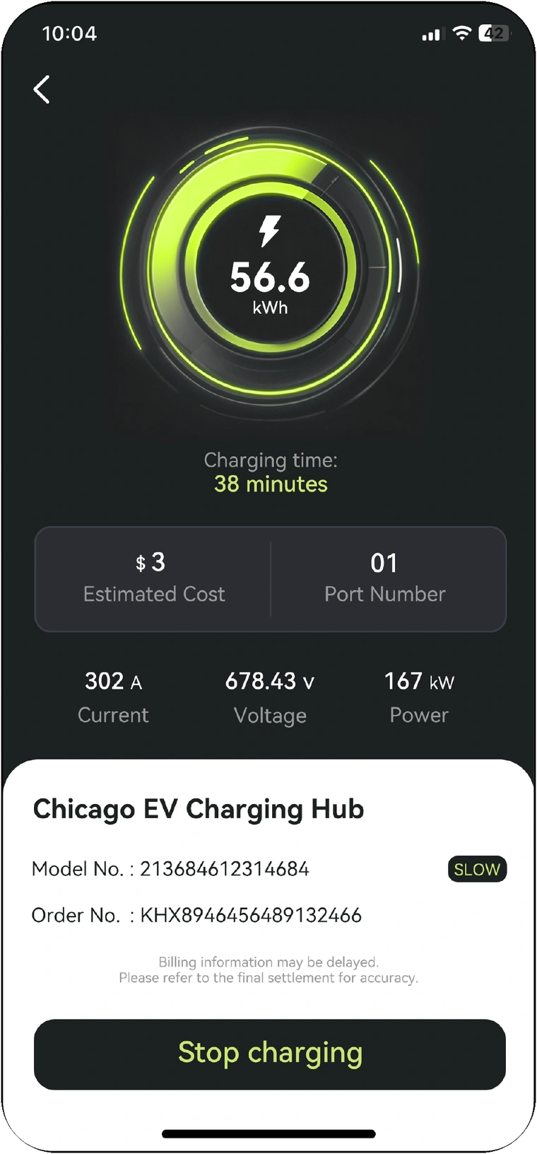 Public charging session interface showing energy, elapsed time, current, voltage, power and session details